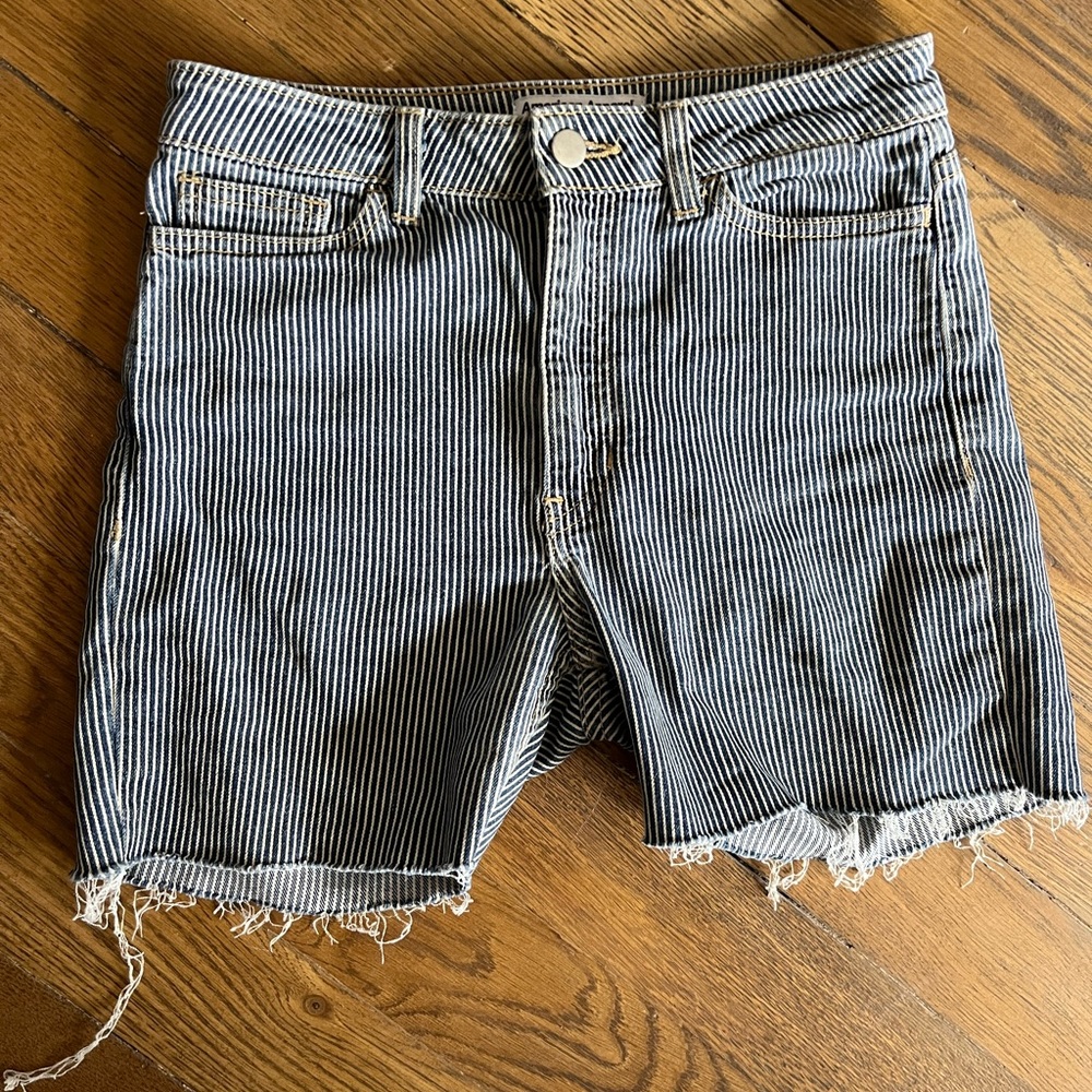 American Apparel cutoff Jean shorts hickory stripe. Raw edge. Womens size 27”